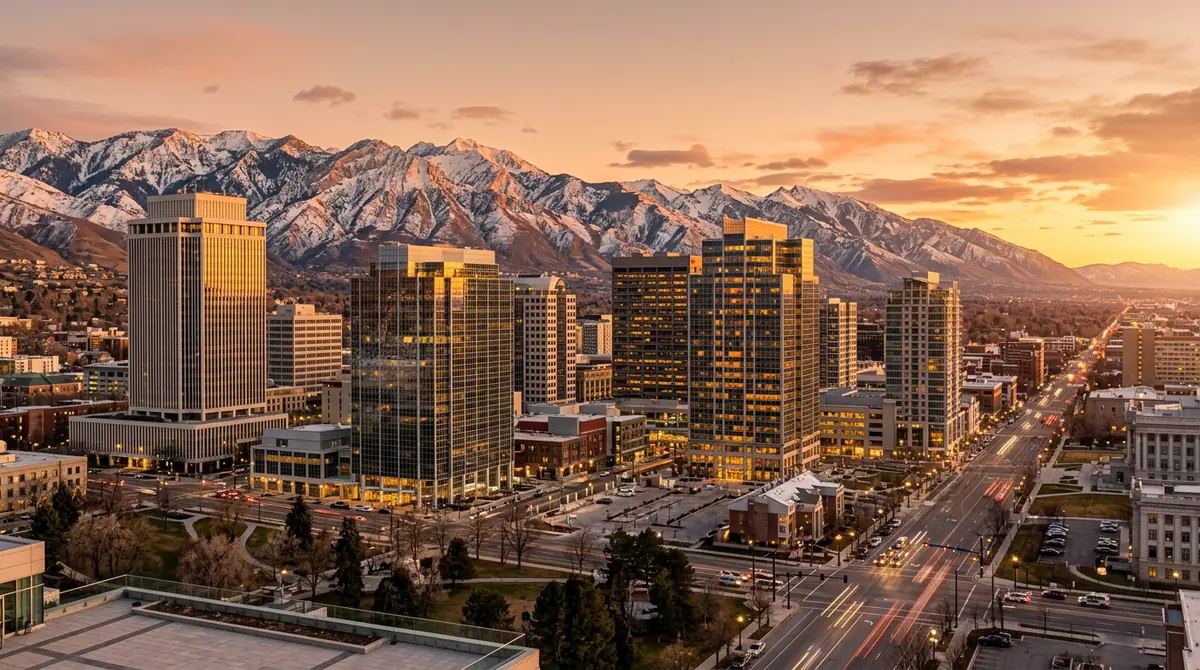 Downtown Salt Lake City Utah skyline at golden hour with the snow-capped Wasatch Mountains behind, an IT staffing market view