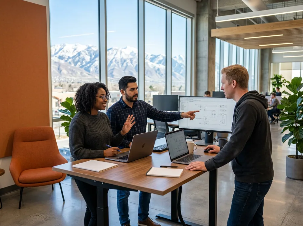 Three software engineers collaborating at a standing desk in a bright Silicon Slopes office in Utah with snow-capped mountains visible through the window