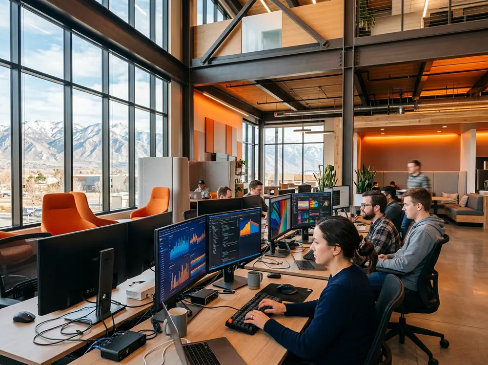 Product engineering team working in a modern open-plan Silicon Slopes SaaS office in Lehi Utah with mountain views through the windows