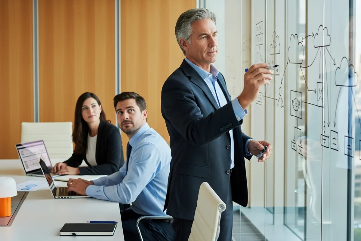 Senior IT consultant sketching a cloud architecture roadmap on a glass whiteboard for a San Antonio client team in a downtown conference room