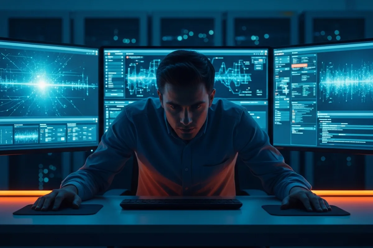 Cleared cybersecurity analyst monitoring threat dashboards across multiple screens in a San Antonio security operations center near Port San Antonio