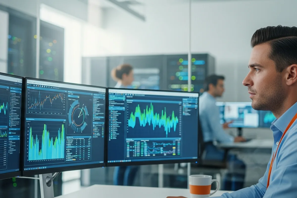 Healthcare IT engineer reviewing Epic EHR analytics on three large monitors in a San Antonio hospital technology operations center