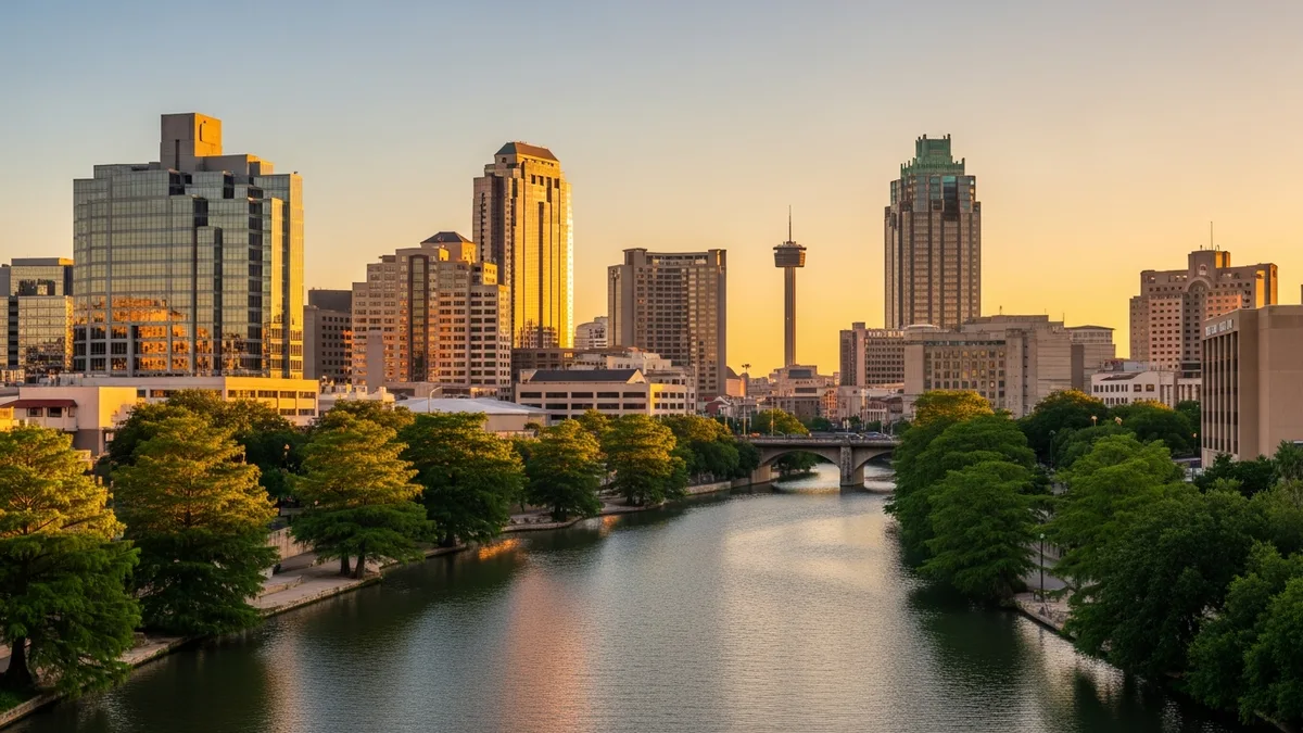 San Antonio Texas downtown skyline and River Walk at golden hour, an IT staffing market view