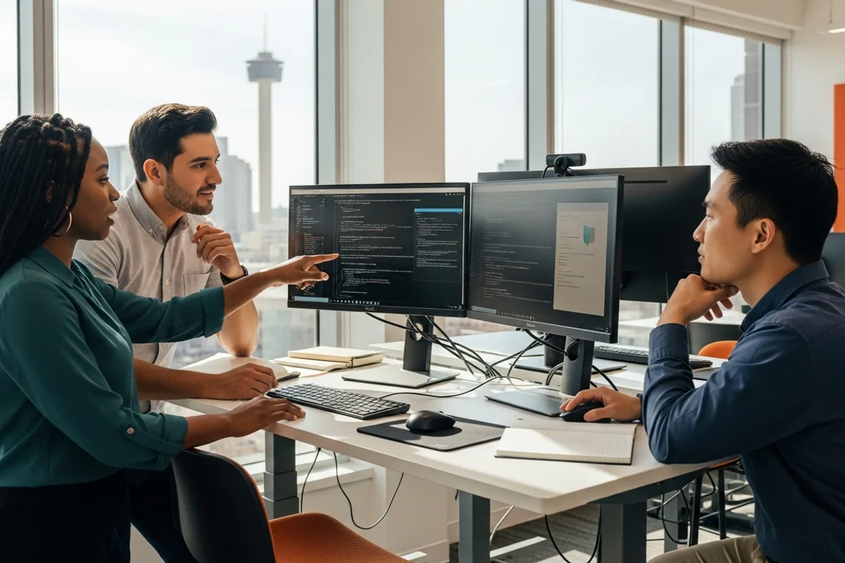 Three software engineers collaborating at a standing desk in a bright San Antonio tech office with downtown visible through the window