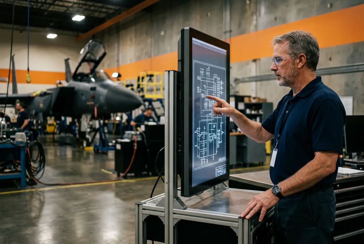 Senior aerospace IT engineer reviewing avionics controls system schematics on a vertical industrial monitor inside a St. Louis aerospace engineering facility