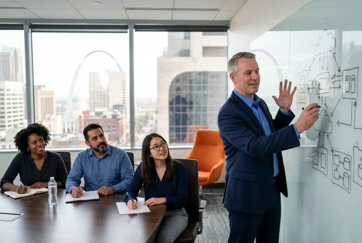 Senior IT consultant sketching a cloud architecture roadmap at a whiteboard for a St. Louis client team in a downtown conference room