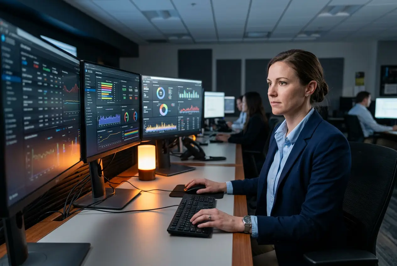 Healthcare IT engineer reviewing Epic EHR analytics on three large monitors in a St. Louis hospital technology operations center