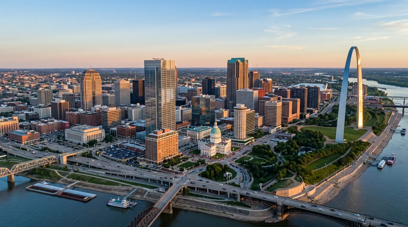 Downtown St. Louis Missouri skyline at golden hour with Gateway Arch and Old Courthouse, an IT staffing market view