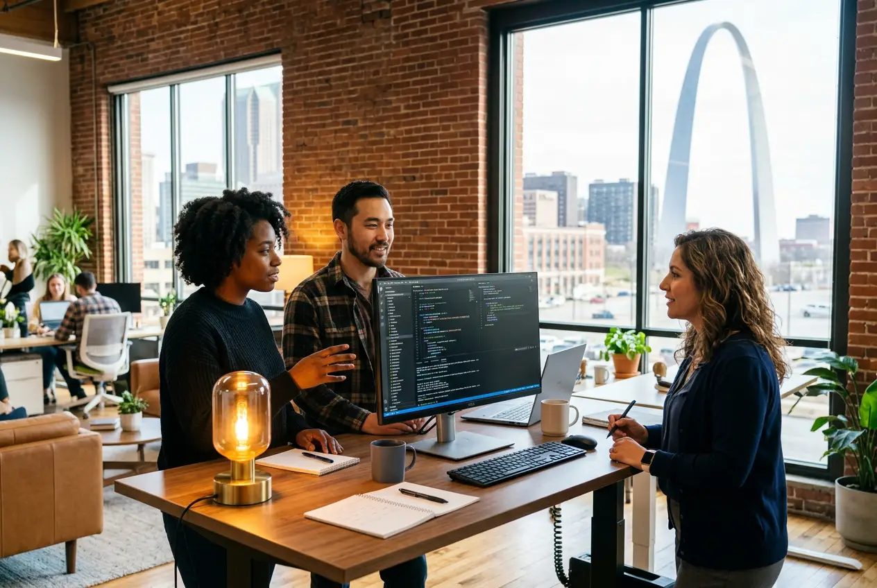 Three software engineers collaborating around a standing desk in a bright St. Louis downtown tech office with the Gateway Arch visible through the window