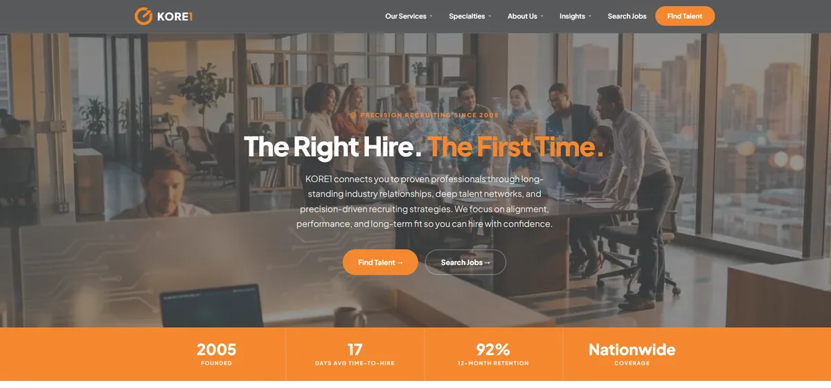 KORE1 cybersecurity staffing agency homepage 2026