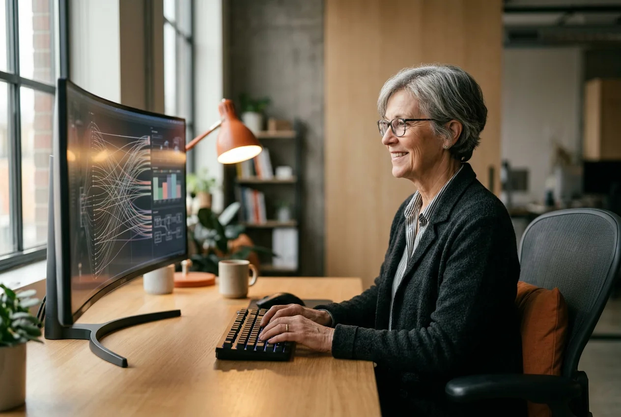 Senior LLM engineer reviewing RAG pipeline traces and token-level eval metrics on a wide curved monitor in a modern office with orange accent lamp