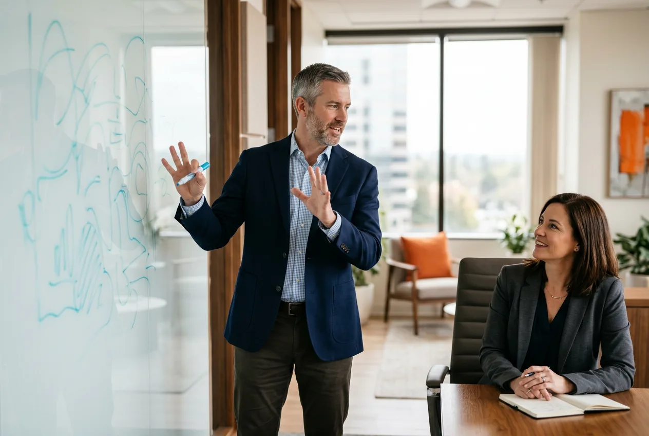 Senior LLM engineer candidate whiteboarding a retrieval augmented generation architecture with female hiring manager during onsite interview