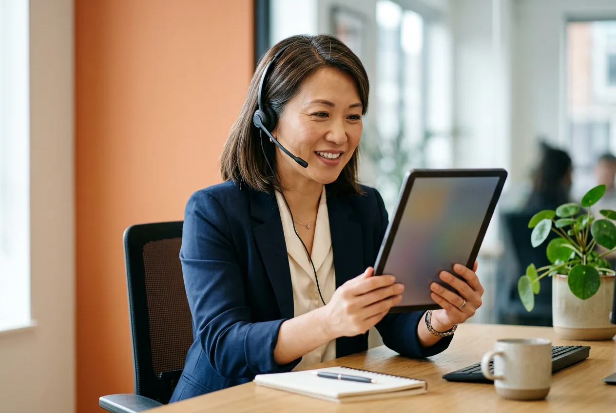 Experienced KORE1 senior technical recruiter wearing headset reviewing LLM candidate eval scores and shipped project history on tablet