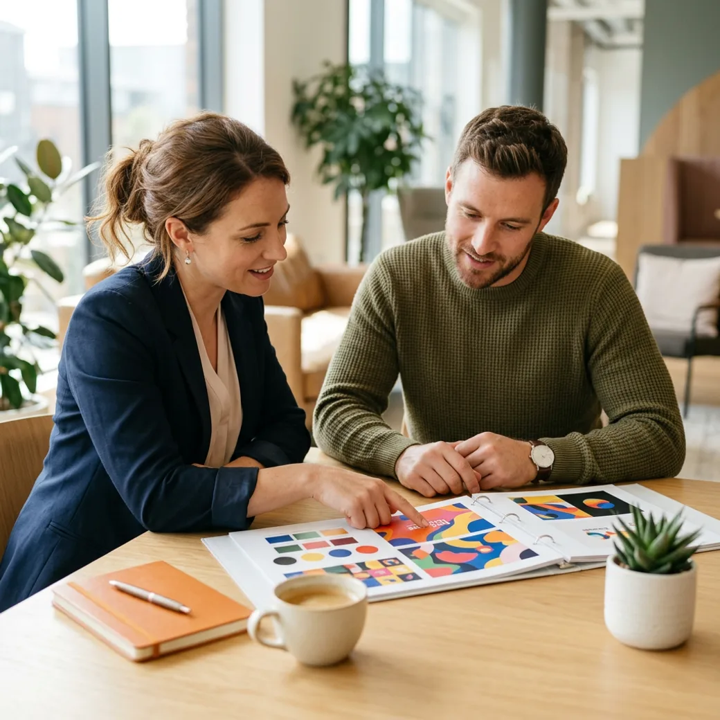 KORE1 marketing recruiter reviewing a candidate's printed campaign portfolio together