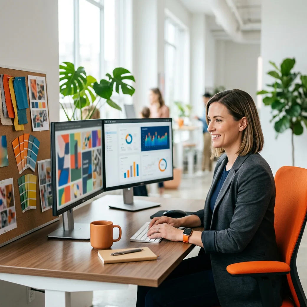 Marketing professional placed by KORE1 recruiters working confidently at a modern workstation