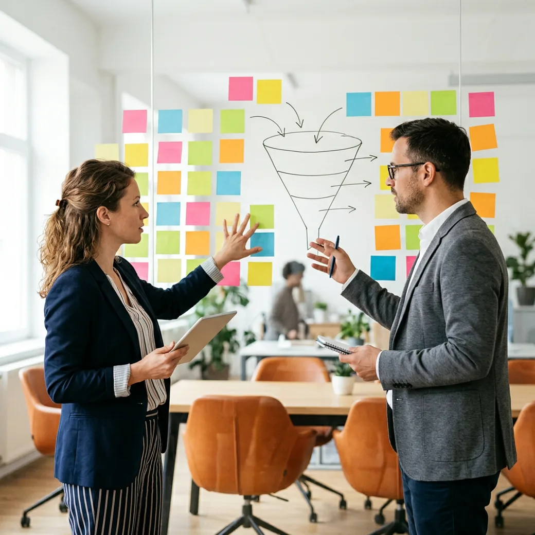 Two KORE1 marketing recruiters comparing notes on marketing candidates at a whiteboard