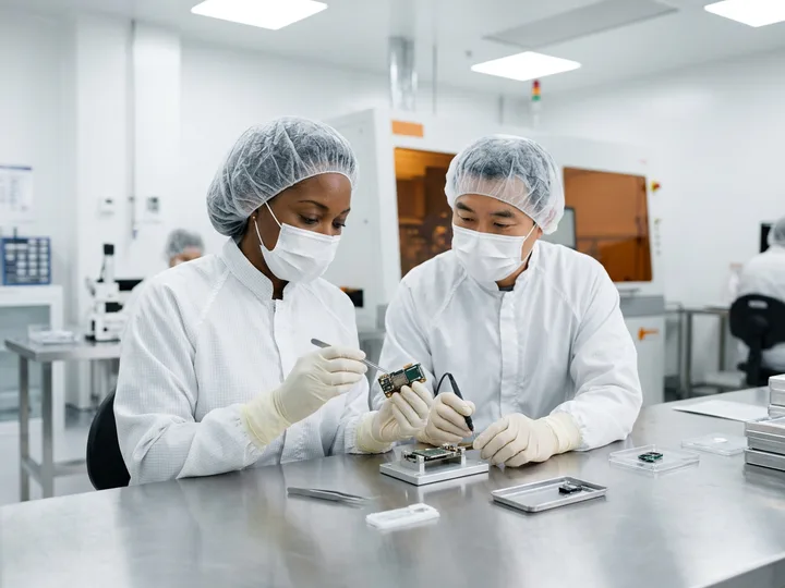 Medical device staffing agency, two cleanroom professionals inspecting a precision device on an assembly bench
