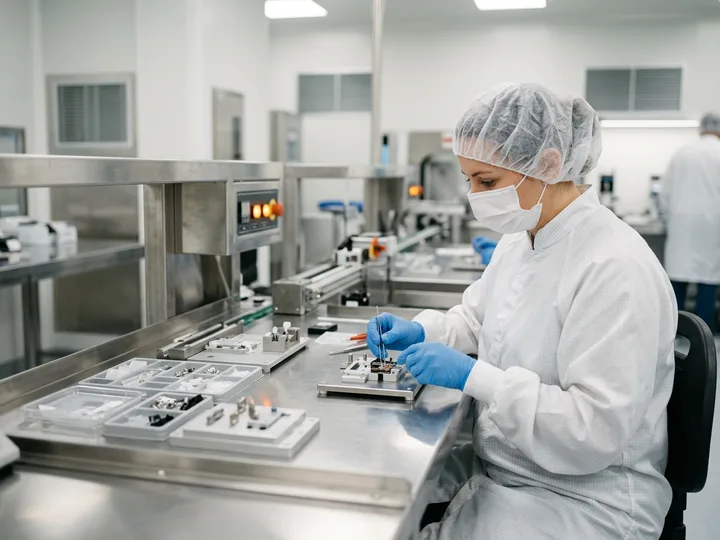 Medical device production technician assembling components in a cleanroom — KORE1 manufacturing and process staffing