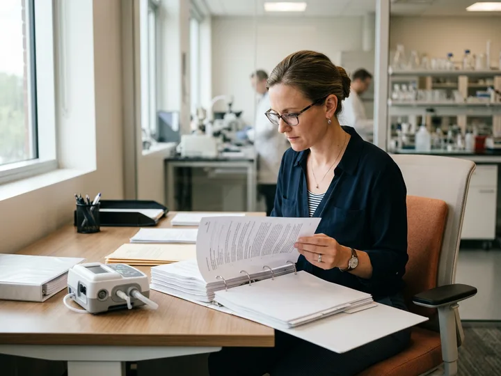 Regulatory affairs and quality professional reviewing medical device documentation — KORE1 medical device staffing