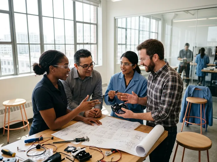 Cross-functional medical device team reviewing a device prototype and engineering drawings — KORE1 medical device staffing