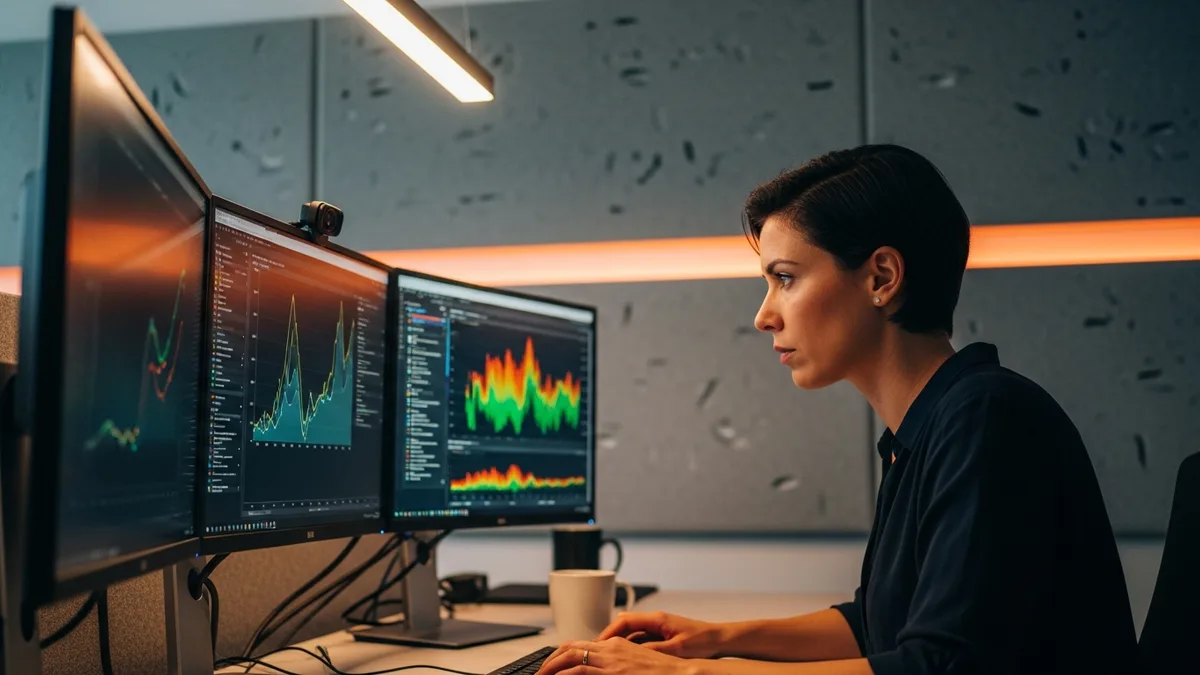 Machine learning engineer reviewing model training curves and data dashboards on multiple monitors during a training run