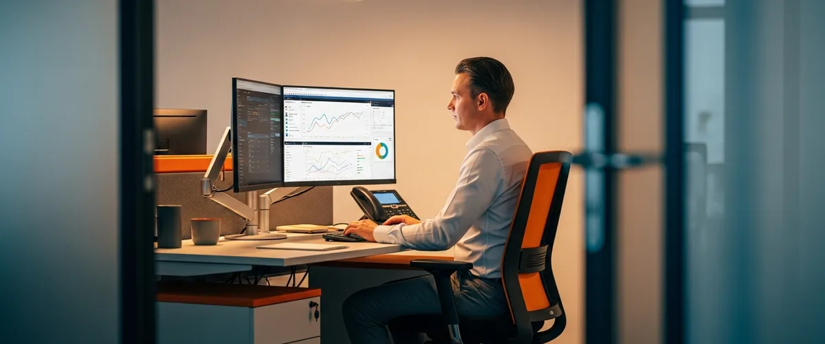 NetSuite ERP consultant reviewing financial dashboards at a workstation in a modern office