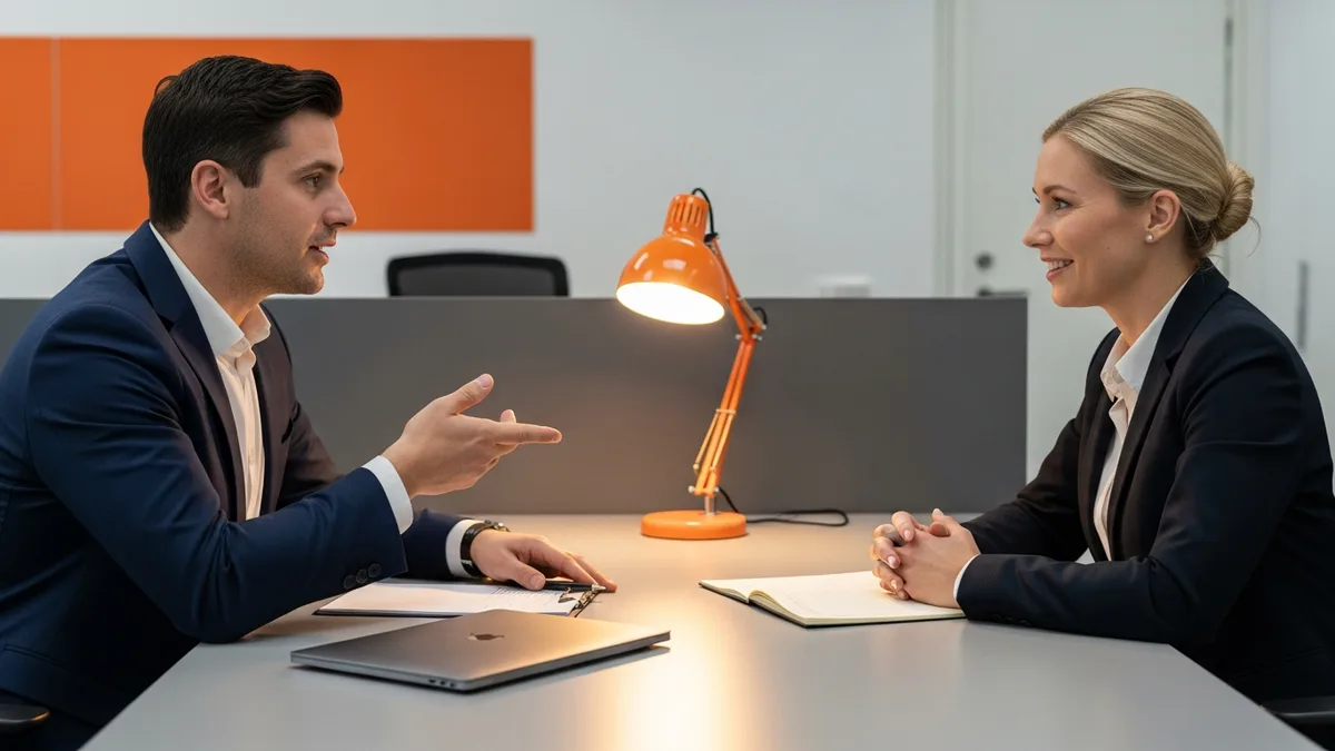 Hiring manager and recruiter discussing a NetSuite consultant compensation band across a desk in a modern office