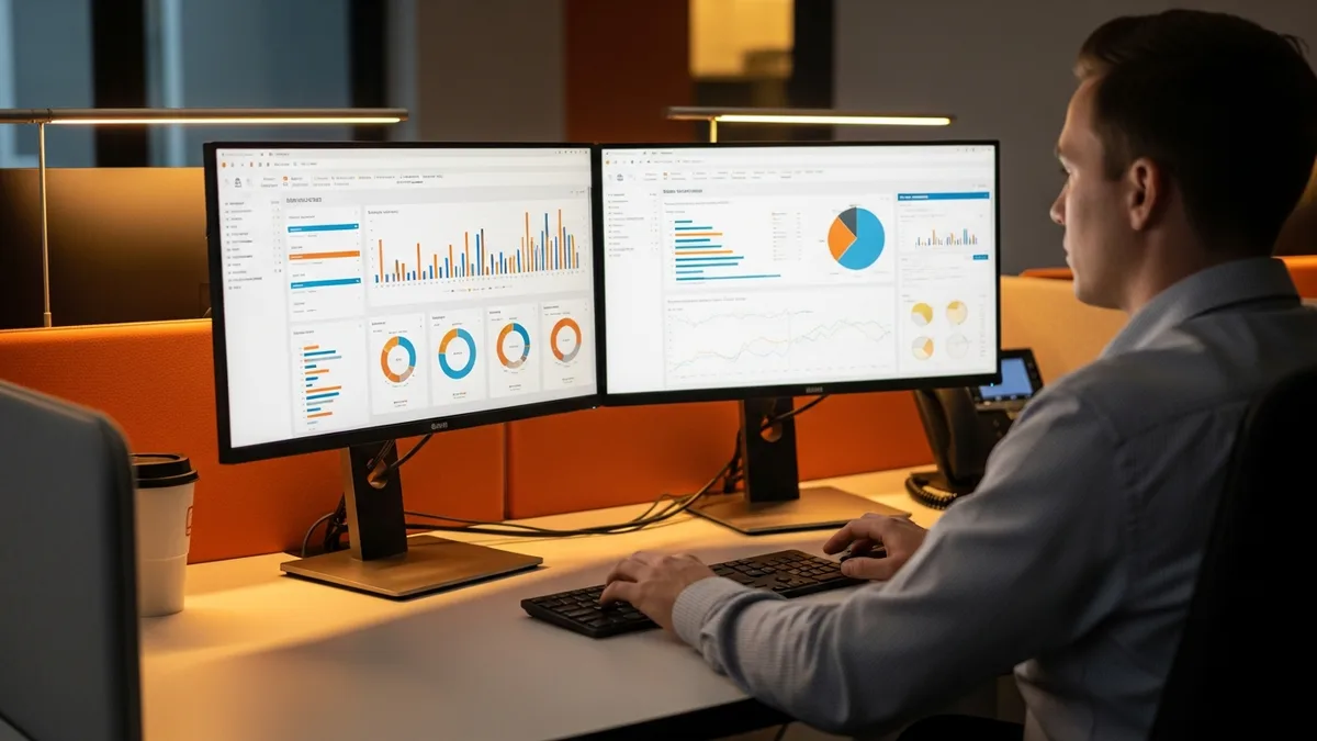 NetSuite consultant reviewing ERP financial dashboards and charts on dual monitors at a workstation