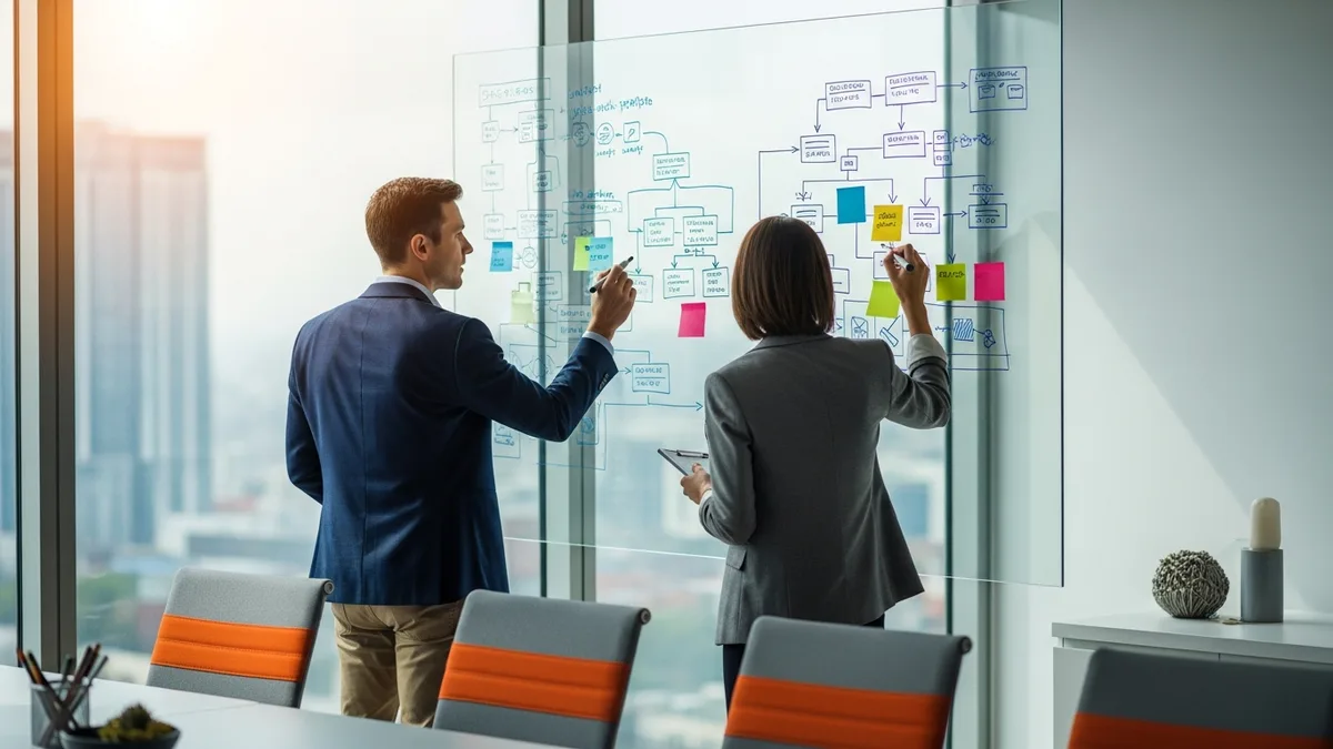 Two ERP consultants mapping a NetSuite business process flow on a glass whiteboard during implementation planning