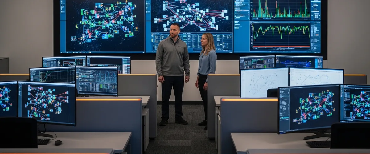 Network operations center where two network engineers monitor network topology maps and latency dashboards on wall-mounted screens