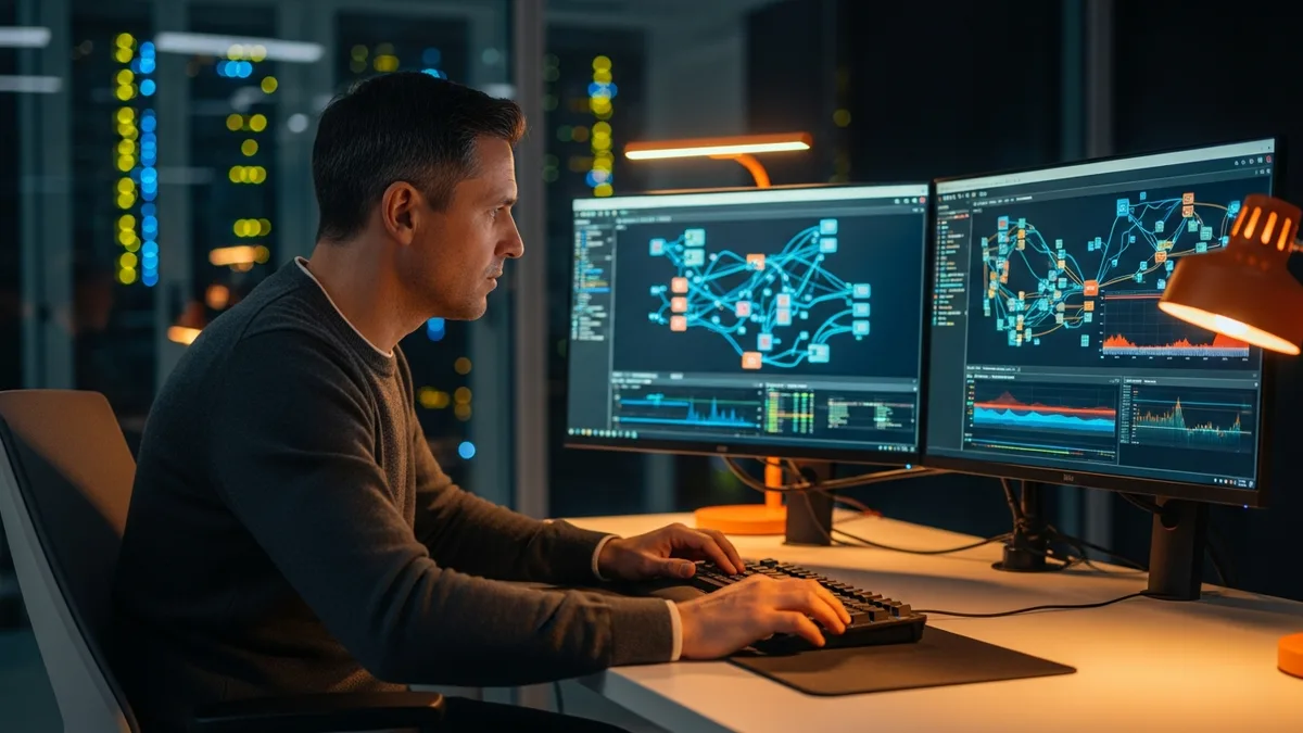 Senior network engineer at a dual-monitor workstation reviewing a live network topology map and routing dashboards in a network operations center