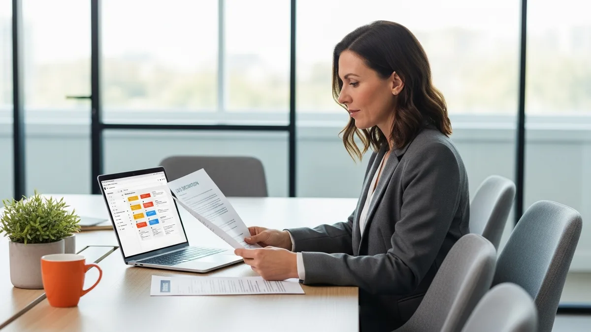 Hiring manager reviewing a network engineer job description template and candidate resume at a conference table with an applicant tracking system open on a laptop
