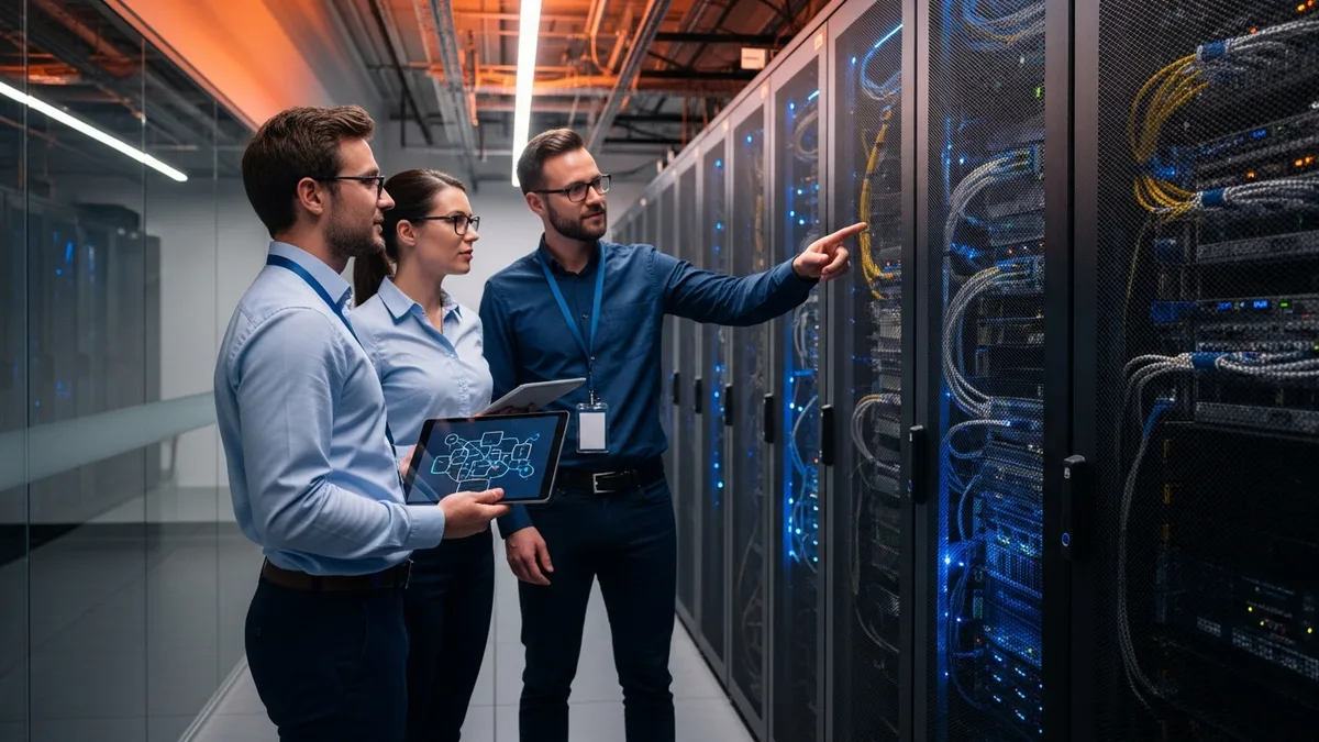 Three infrastructure engineers collaborating beside data center server racks, one holding a tablet showing a network topology diagram