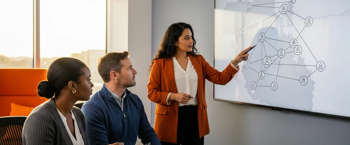 Defense technology recruiting team reviewing a 2026 Palantir defense AI engineering talent map on screen