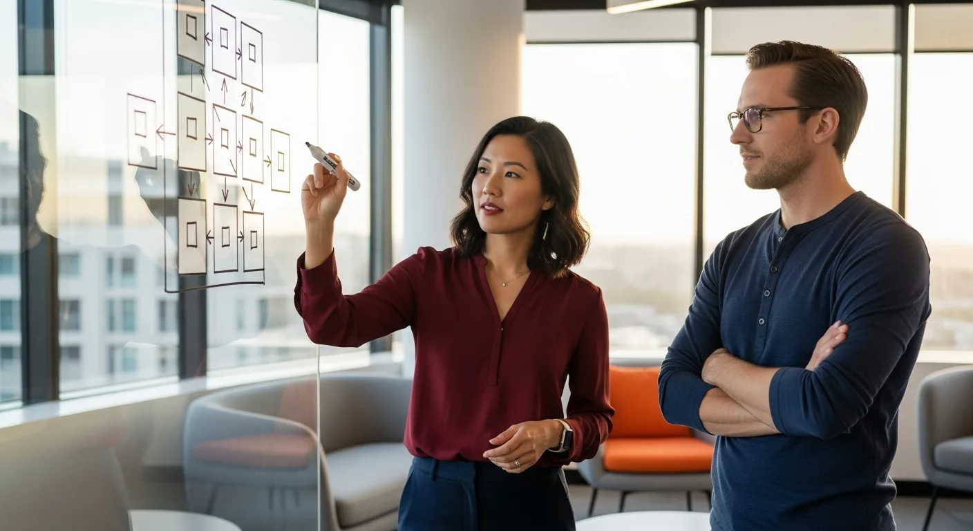 Two defense AI engineers mapping six engineering skill profiles on a glass whiteboard in a modern 2026 office