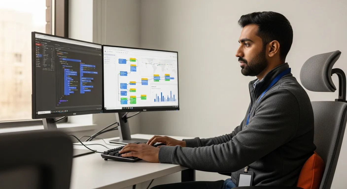 Cleared Palantir Forward Deployed Engineer reviewing a mission data integration dashboard at a secure 2026 defense AI workstation