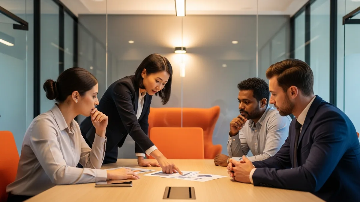 Leadership team discussing competitive pay strategy and market position around a conference table