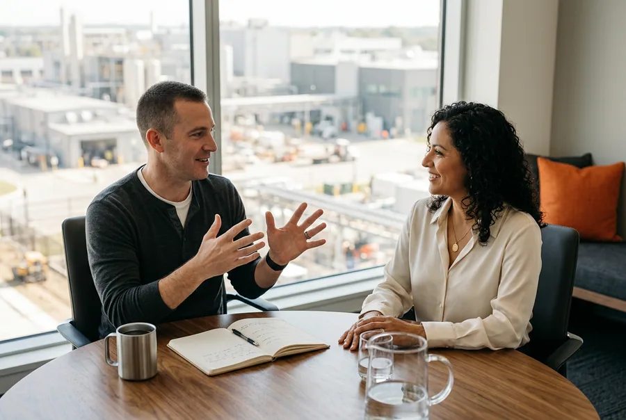 KORE1 pharma IT recruiter and a pharma manufacturing IT hiring manager at a kickoff conversation around a walnut conference table — KORE1 pharma IT staffing