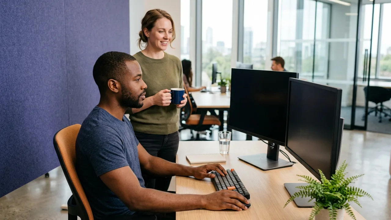 Senior PHP developer working at dual monitors in a modern office while a colleague reviews progress, KORE1 PHP developer staffing