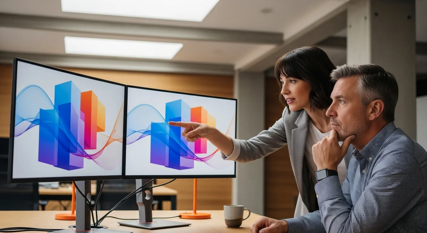 Two senior product managers leaning into dual curved monitors to review post-launch metrics dashboards during execution interview prep