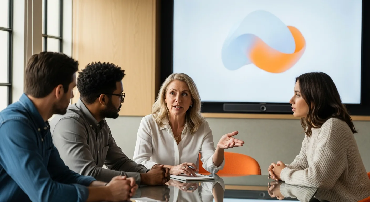 Senior product manager leading a cross-functional huddle with two engineers and one designer around a glass conference table reviewing an AI feature launch checklist