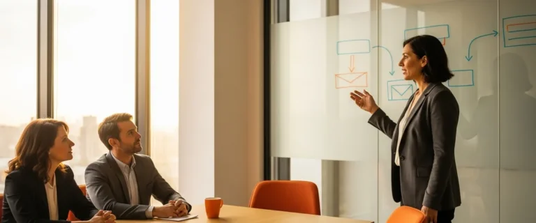 Senior product manager candidate presenting a roadmap to a three-person hiring panel in a modern 2026 conference room with orange accents and glass walls