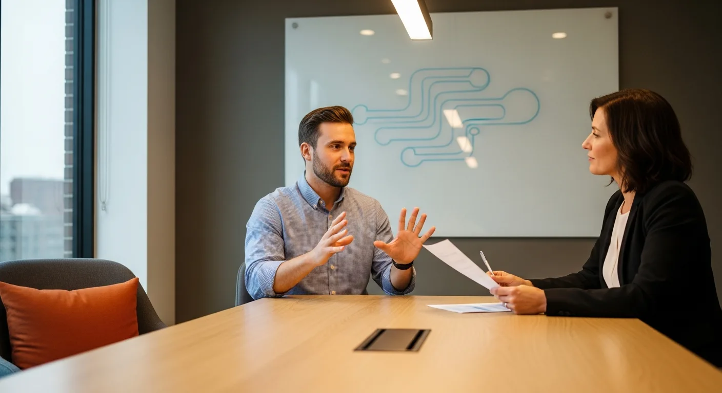 Product manager candidate gesturing with both hands across a wood conference table while a hiring manager listens during the product sense round of a 2026 PM interview