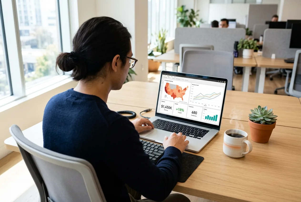 Power BI developer working on a Power BI executive dashboard with US heatmap revenue trend and KPI cards on a laptop in a bright open office