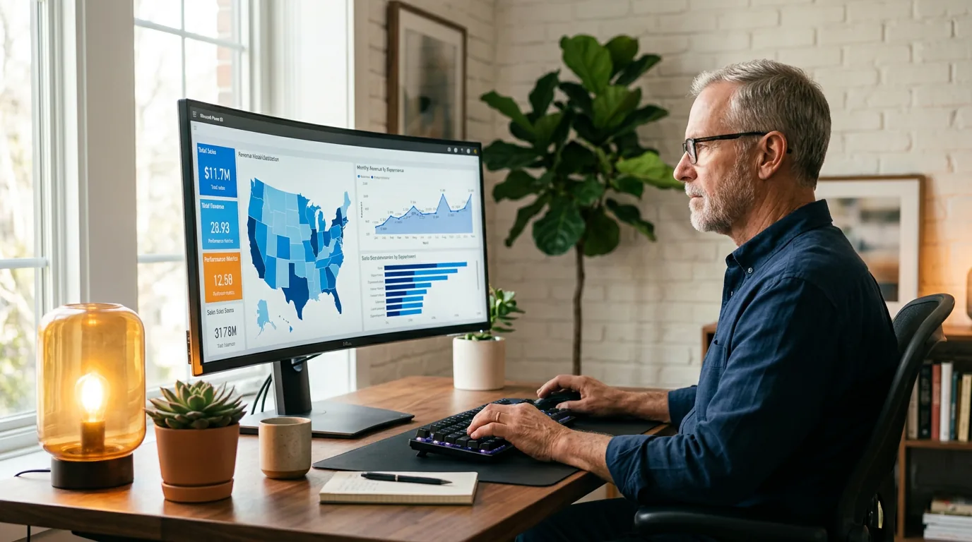 Power BI developer building Microsoft Power BI executive dashboard with US heatmap and KPI cards on ultrawide curved monitor in home office