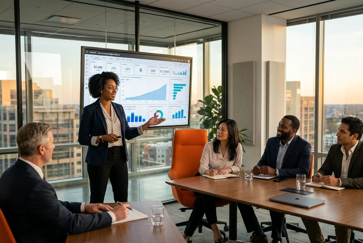 KORE1 placed Power BI developer presenting a quarterly Power BI executive dashboard with revenue trend and KPI cards to four company leaders in a glass conference room