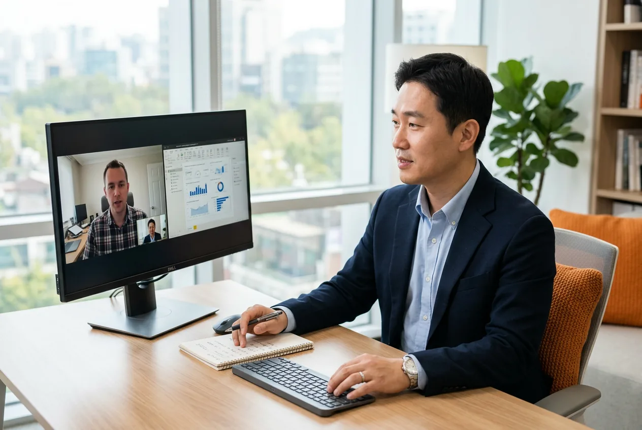 KORE1 IT recruiter on a video call conducting a live Power BI technical screen with a senior Power BI developer candidate