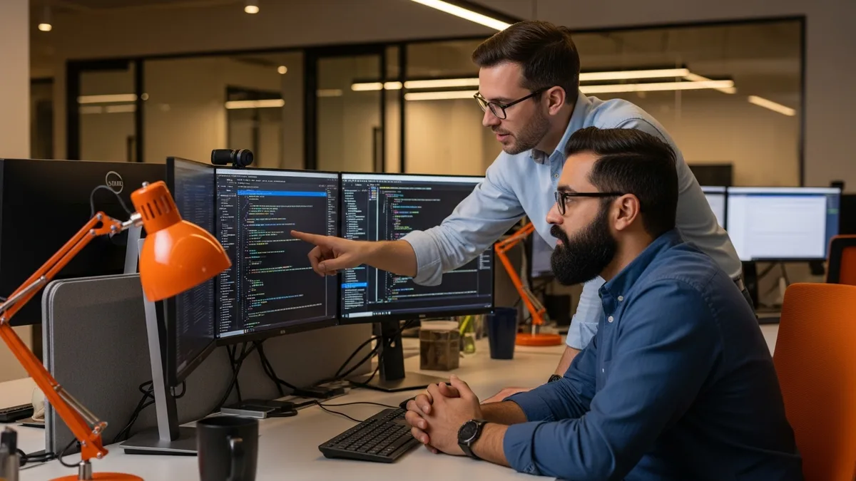 Principal engineer reviewing code with a senior software engineer on dual monitors