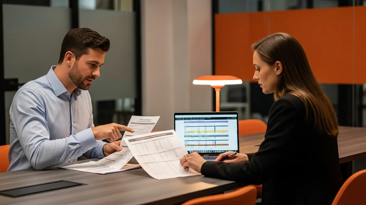 Hiring manager and recruiter reviewing principal engineer compensation benchmark data and salary tables