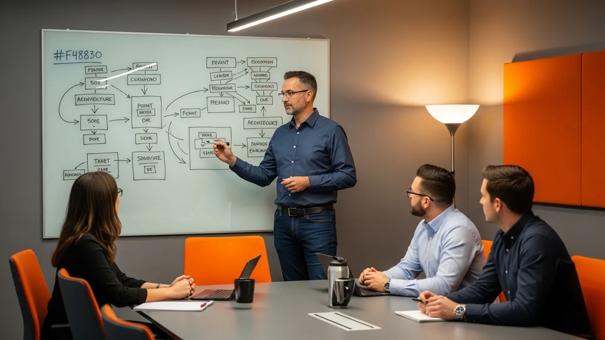 Principal engineer leading a system design whiteboard session with software engineers